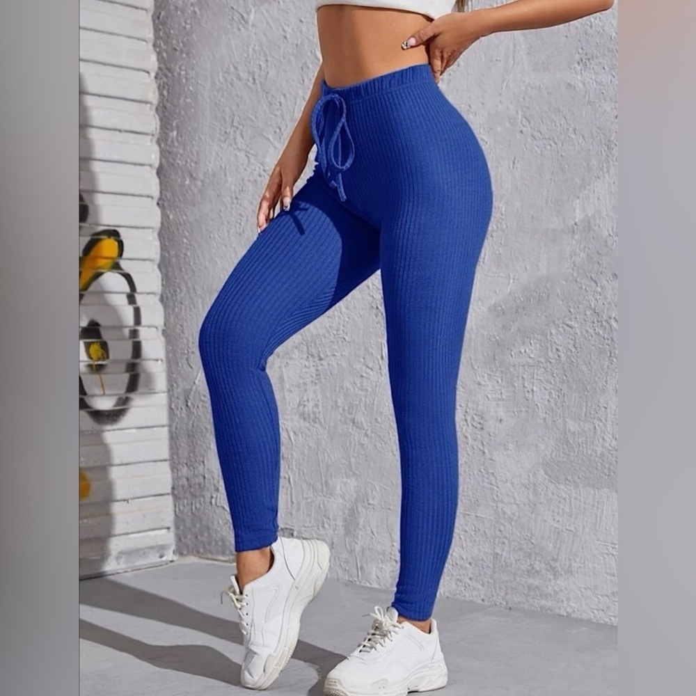 Royal Blue Knot Waist Ribbed Rib Knit Solid Leggings Size Large